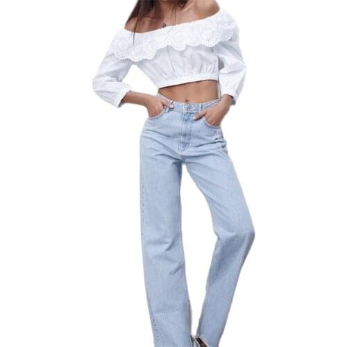 Baldauren Women 2021 Fashion Hollow Embroidered White Top One Shoulder Long Sleeve Short Shirt Streetwear