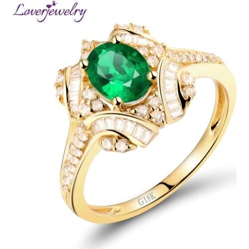 Ring For Women Oval 0.59ct Solid 18k Yellow Gold Diamond Natural Emerald Wedding Ring Gemstone Jewelry For Mother Christams Gift