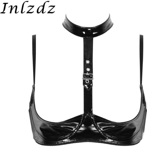 Womens Lingerie Sexy Bra Wet Look Patent Leather Halter Neck Spaghetti Shoulder Straps Open Cups Wire-free Shelf Exotic Bra Top
