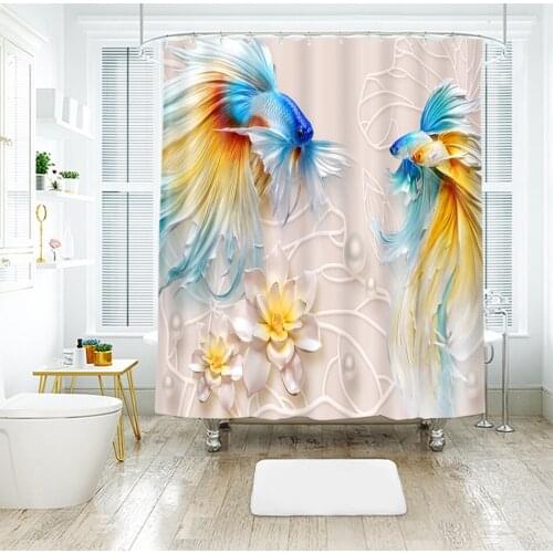 3d Goldfish Flower Relief Pattern Shower Curtains Landscape Bathroom Curtain Thicken Waterproof Thickened Bath Curtain