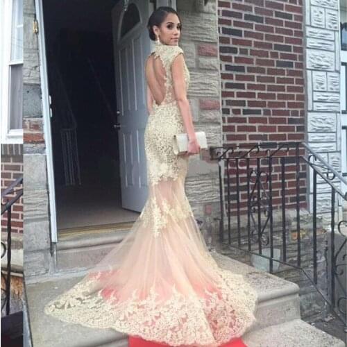 Arabic Dubai robe de soiree Cap Sleeves Prom Dress for Graduation Gold Lace Mermaid Backless Evening Gown abiye gece elbi