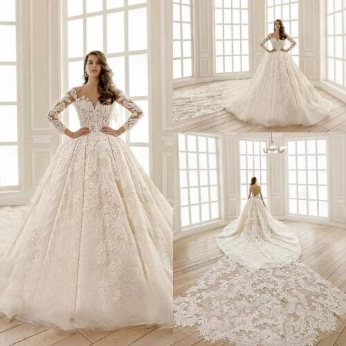 2020 Ball Gown Wedding Dresses V Neck Long Sleeve Lace Appliques Bridal Gowns Custom Made Button Back Long Train Wedding Dress