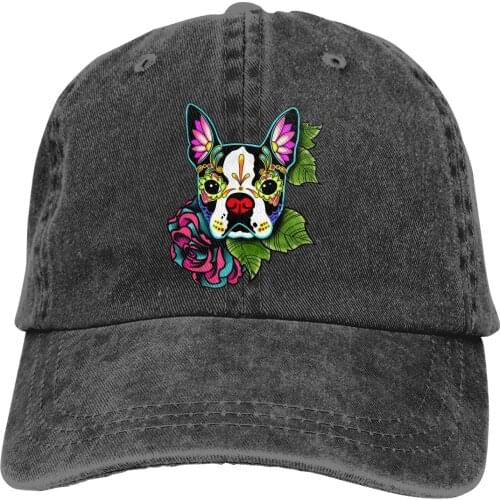 Boston Terrier In Black Baseball Cap Men Mexican Sugar Skull Funny Caps colors Women Summer Snapback Caps