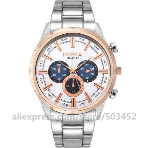 100pcs/lot ROSRA 8745 Alloy Watches For Men Business Luxury False Three Eyes Steel Belt Watches Round Dial Quartz Watch Relogio