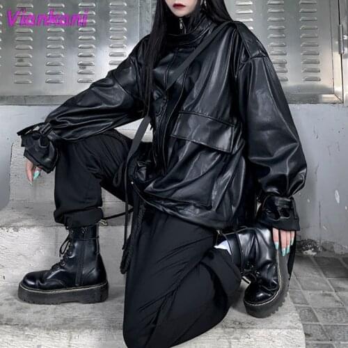 Black Leather Jacket Women Harajuku Design Moto Biker Zipper Jackets Female 2021 Korean Spring High Street Streetwear Y2k Jacket