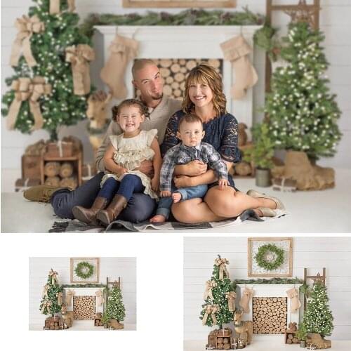 Photography Christmas Background Fireplace White Wall Christmas Tree Backdrop Elk Green Wreath Winter Family Party Video Props
