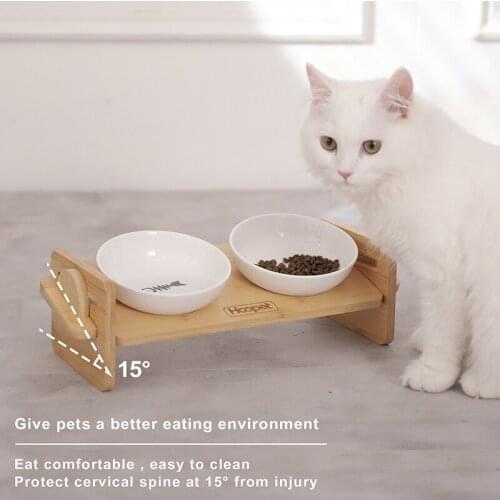 Hoopet Wood Heightening Double Feeder Bowl For Cats 15° Tilt Protect Cervical Spine Pet Ceramic Bowl Adjustable Neck Care Dishes