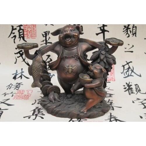 China Feng Shui Pure Bronze YuanBao Pig Shoulder carry wishful fish corn Statue