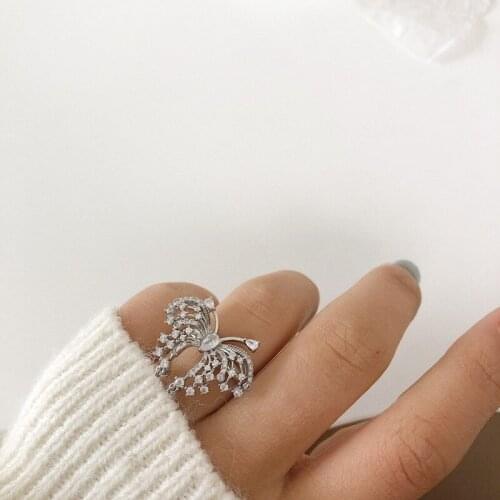 TIMEONLY French Cubic Zircon Butterfly Metal Ring Adjustable Korean Style Charms Rings for Women Girls Statement Party Jewelry