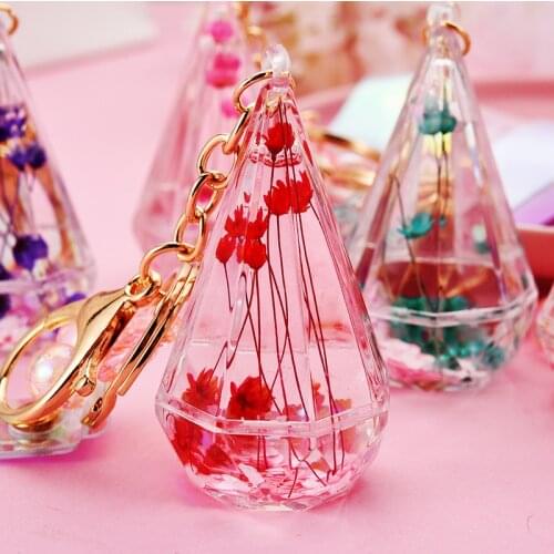 Cute Simulation Cherry Dried Flower Keychain Creative Liquid Floating Acrylic Key Ring Women Couple Bag Car Key Holder Gift