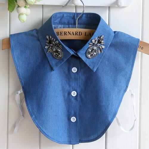 Trendy Women Ladies Cowboy Blue All-match Solid Color Lapel Shirt Blouse Fake Collar Detachable Collars FS0513