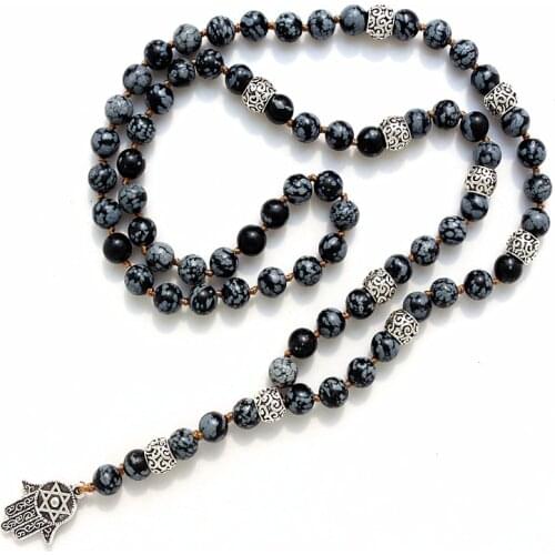 FANCY SCANDAL Long Lariat necklace with 8mm Natural stone beads and Hamsa Pendant Men Necklace for men Mala necklace Gift