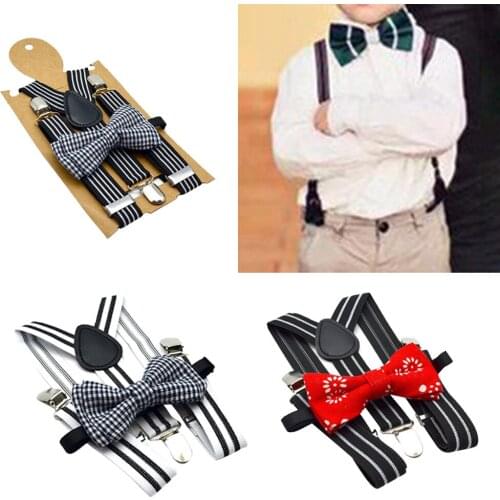 Men Elastic Clip-on Suspenders w/ Bow-Tie Set 3 Clips Y-Shape Braces Straps