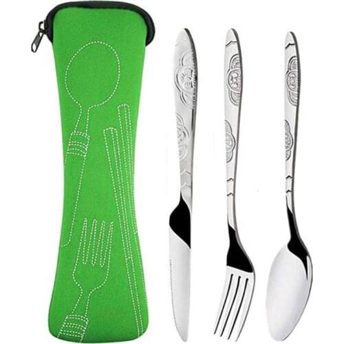 3pcs Dinnerware Sets Stainless Steel Cutlery Set Steak Knife Fork Spoon with Cloth Bag Outdoor Portable Tableware Set