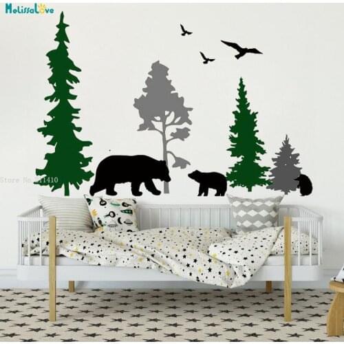 Bears In The Forest Trees Wall Stickers With Birds Decals Home Decor Kids Baby Room Nursery Vinyl Cute Decals Unique Gift YT4521