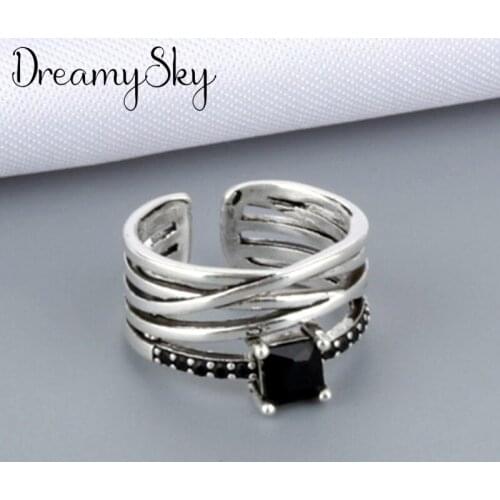 New Charming Open Black Zircon Chains Ring for Women Vintage Boho Party Rings Gothic Punk Jewelry Gifts for Girls 2021