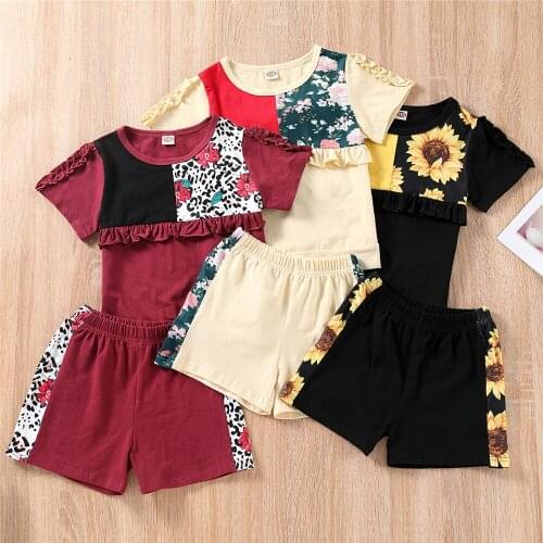 2-7Y Fashion Summer Toddler Kids Baby Girls Clothes Sets Floral Printed Patchwork Tops Casual Shorts Outfits 2Pcs