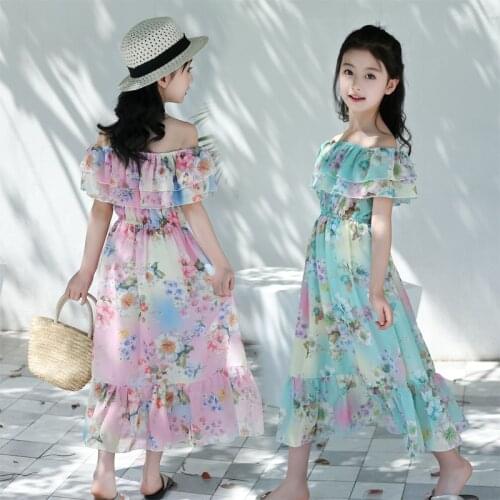 Summer chiffon print Girls dress elegant Bohemia Long dress Girls flower print Sexy beach dress 4-11years