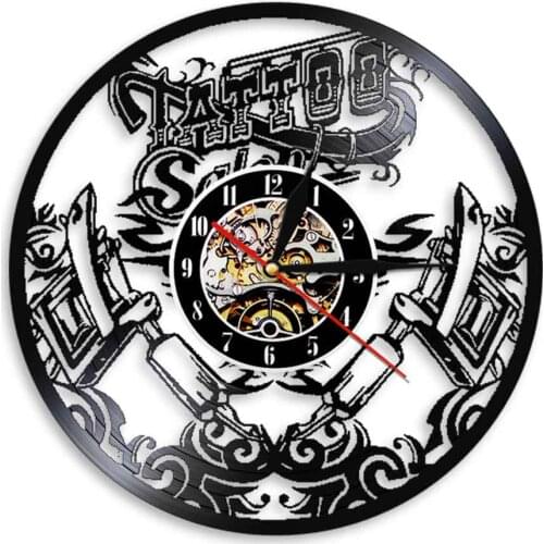 Tattooing Design Vinyl Record Wall Clock Tattoo Studio Sign Silent Sweep Clock Watch Garage Bar Pub Shop Decor Tattooist Gift