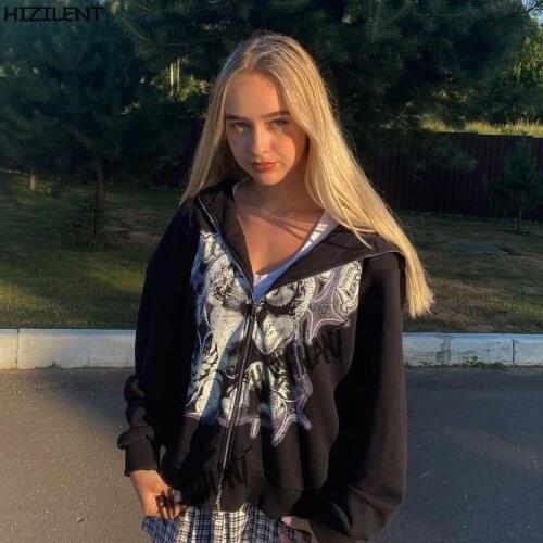 Vintage Angel graphics Oversized Hoodies Female coat winter 2021 Zip Up Women Sweatshirt Y2K Kawaii Harajuku Grunge clothing