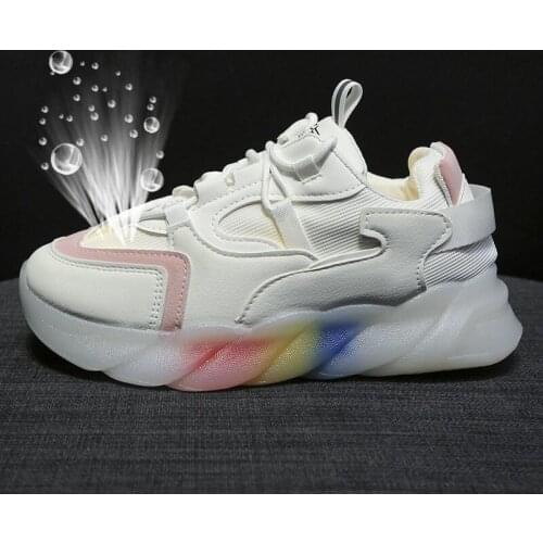Rainbow Dad Shoes Womens 2021 Summer New Student Platform Sneakers round Toe Muffin Bottom Mesh Surface White Shoes Women