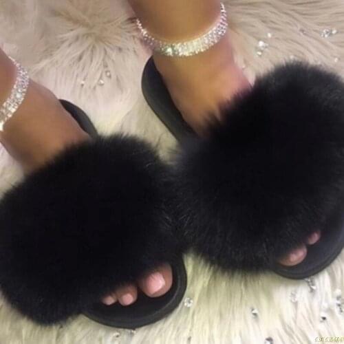 2020 Womens Furry Slippers Ladies Cute Plush Fox Hair Fluffy Slippers Womens Fur Slippers Winter Warm Slippers for Women Hot