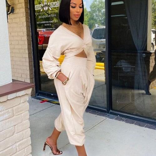 Streetwear Two Piece Set Women Long Sleeve Draped Crop Top and Pants Matching Sets Loose Casual 2 Piece Outfits Dropshipping