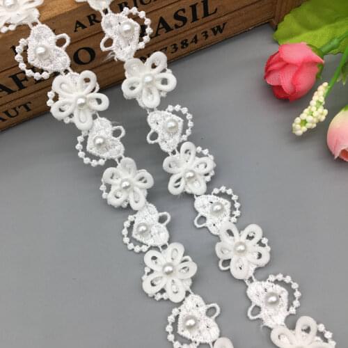 1 Yard White Pearl Hearts Flowers Wave Embroidered Lace Trim Ribbon Fabric Sewing Craft For Costume Wedding Dress Decoration