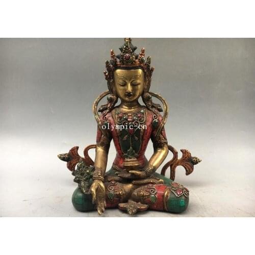 10'' bronze gold inlay turquoise coral buddhism Vairocana Avalokitesvara buddha