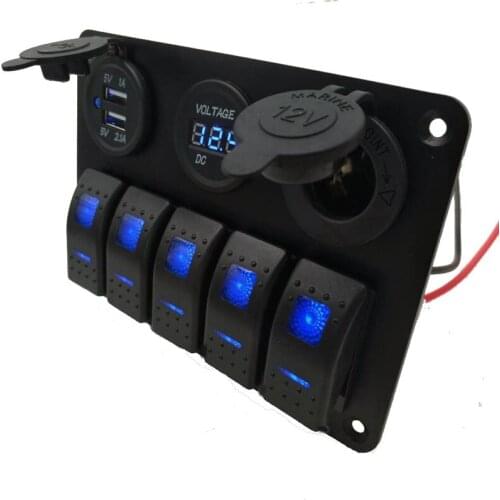 5Gang On/Off 12-24V Rocker Switch Panel with DC 5V Dual USB Charger Digital Voltmeter Suitable for Car Marine Boat Yacht