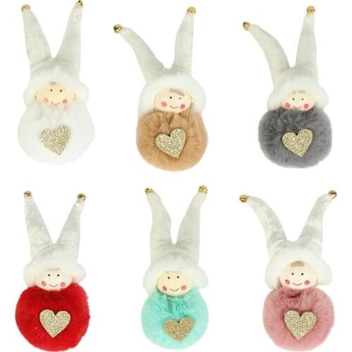 6Pcs Christmas Tree Mini Angel Ornament Doll Glitter Heart Pompom Bell Elves Hanging Toy Pendant Xmas Party Decoration