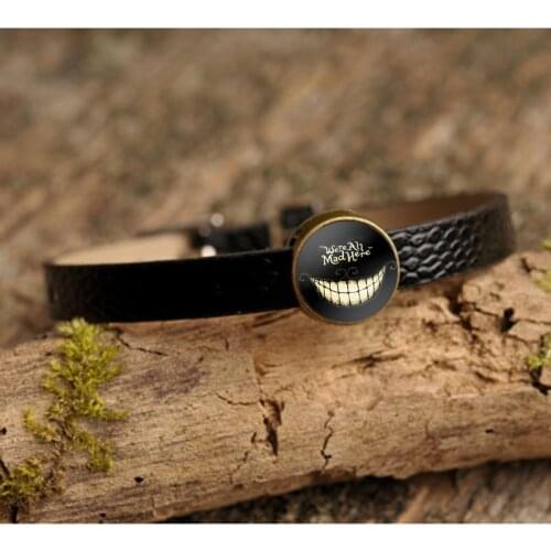 Alice in Wonderland Bracelets & Bangles Collage 14mm Glass Cabochon cheshire cat Charm Black Leather Bracelet Women Jewelry