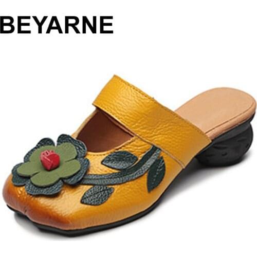 BEYARNE Flower Slippers Genuine Leather Shoes Handmade Slides Flip Flop On The Platform Clogs For Women Woman SlippersPlus Size
