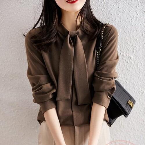 Blouse Women Summer New Office Lay Wear Slim French Trendy Tie Wild Long Sleeve Slim Top Female Fashion Casual Elegant Shirt