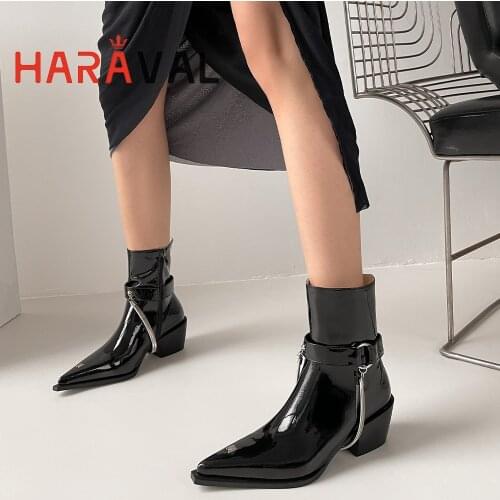 HARAVAL Women Ankle Boots Shoes HIgh Heels Pointed Toe White Black Chelsea Boots Patent Leather Shoe Women Metal DecorationE422L