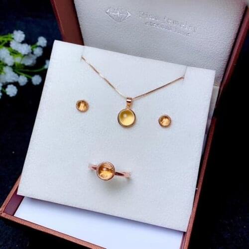 Classic clear yellow citrine earrings ring bracelet and necklace jewelry set 925 silver round natural gem ornament party gift