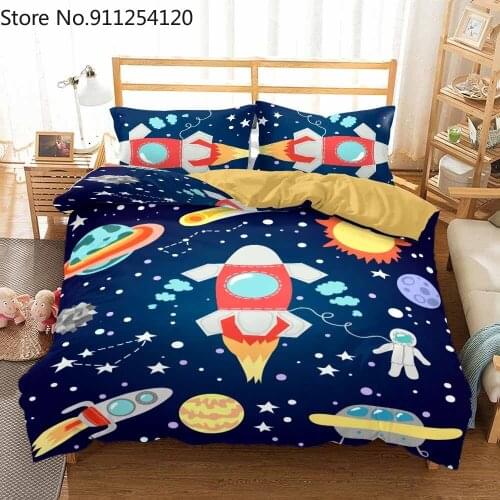 Cartoon Quilt Cover 2/3 Piece Outer Space Bedding Sets Robots Aliens Print Bedspread Astronauts Duvet Cover Kids Bed Linen Sets