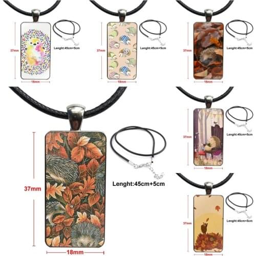 Cute Hedgehog Wildlife Nature Glass Cabochon Jewelry Steel Color With Long Pendant Choker Rectangle Necklace For Girls Gift