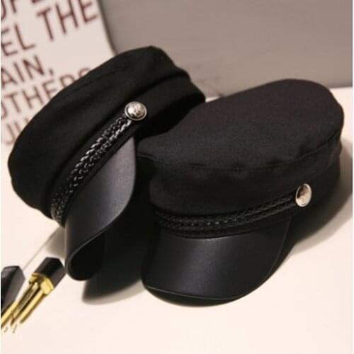 Fashion Unisex PU Leather Military Hat Autumn Sailor Hats for Women Men Black Grey Flat Top Female Travel Cadet Hat Captain Cap