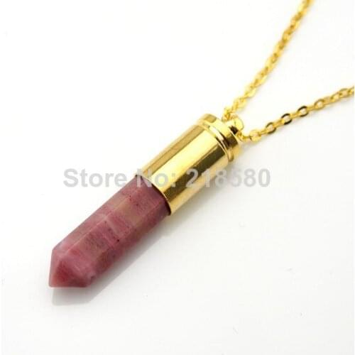 MPN0204 Healing Crystal Pillar Natural Stone Point Necklace Rhodonite Hexagon Necklace Gold or Silver Bullet Chains Necklace
