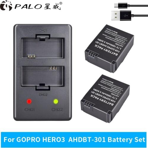 PALO 2Pcs 1600mAh AHDBT-301 GoPro Hero3 Battery + LED Dual Charger For GoPro Hero 3 Hero 3+ Camera Accessories