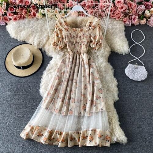 Maxi Dresses for Women Square Neck Floral Chiffon Dress Summer High Waist Slim Vestido De Mujer High Quality Clothing Women 2021