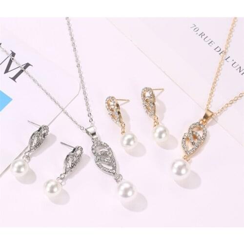 Golden Silver Plated Simulated Pearl Hollow Waterdrop Rhinestone Necklace Drop Earrings Dangle Earrings Jewelry Sets for Women