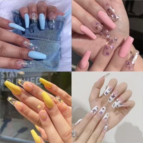 Professional fake nails overhead with glue coffin artificial nails tips with designs press on nail false nails set nail art tool