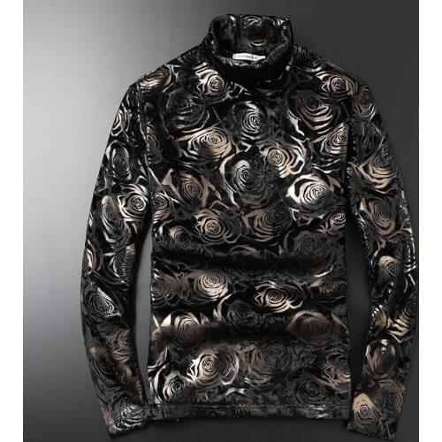 Gold Rose Print Luxury T Shirt Men Velvet Thickened High Collar Long Sleeve T-shirt Velvet T Shirt Men Club Outfits Tshirt Homme