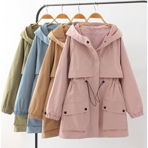 Spring Autumn Trench Coat Women New Solid Drawstring Elastic Waist Hooded Overcoat Plus Size 4XL Windbreakers Female Casual Tops