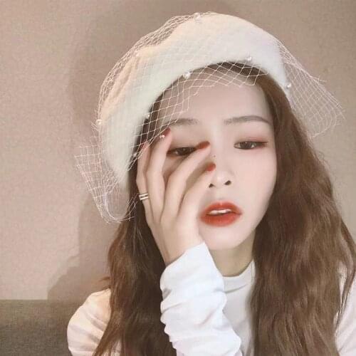 Chic Wool Blend Vintage London Beret With Veil Mesh Show Double Layer Women Beret Beanies Cap For Ladys Banquet