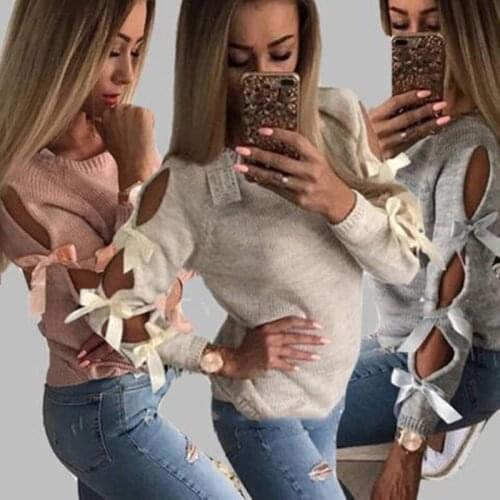Autumn Sweater 2020 Women Sexy O-Neck Warm Knitted Sweaters and Pullover Bow Hollow Out Long Sleeve Knitwear Jumper