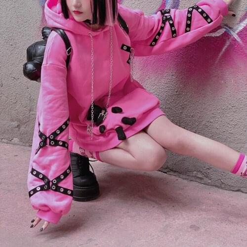 Original y2k kidnap Bear Plush thicken rose pink sweatshirt fleece inner winter punk soft girls cute gothic hoodies pullover