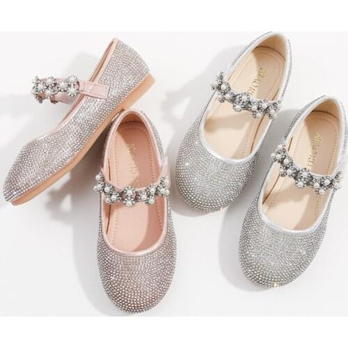 Children Shoes Girls Pearl Rhinestone Princess Shoes Baby Girl Birthday Party Show Flat Crystal Shoes Pink Silver
